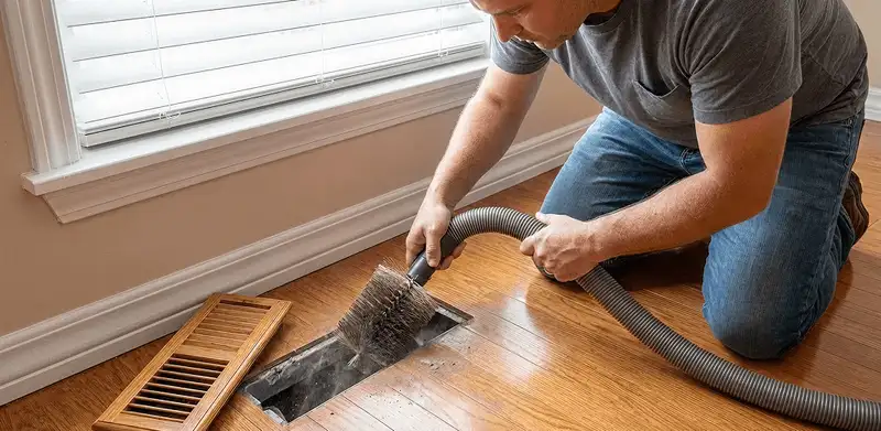 Air duct cleaning technician vacuuming a floor vent and duct opening in Ogden, UT