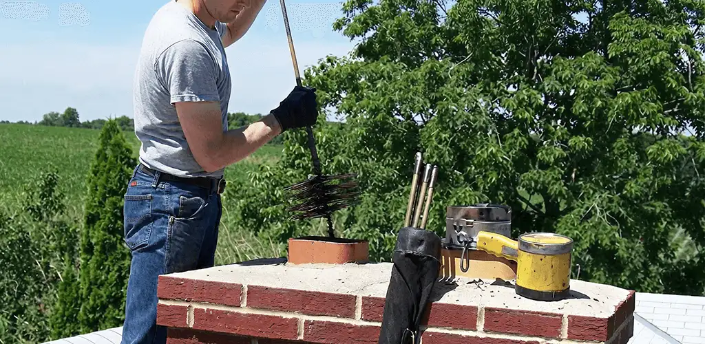 Chimney cleaning technician working on a rooftop chimney with professional tools in Ogden, UT