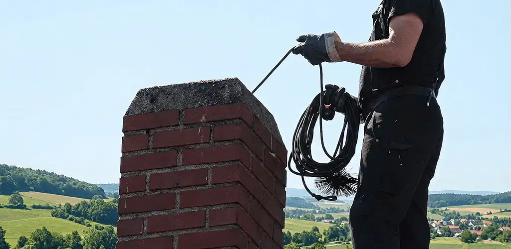 Chimney sweep inspecting and cleaning a rooftop chimney in Ogden, UT