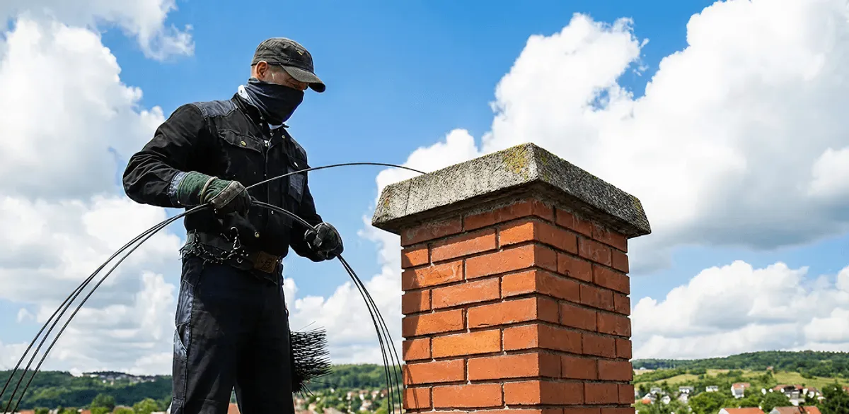 Chimney sweep cleaning a brick chimney with professional tools in Ogden, UT