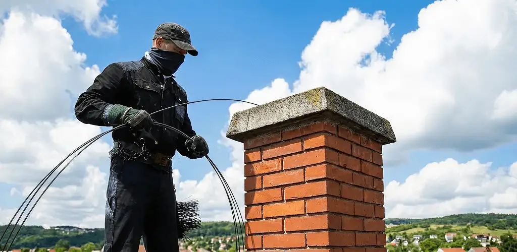 Chimney sweep cleaning a brick chimney with professional tools in Ogden, UT