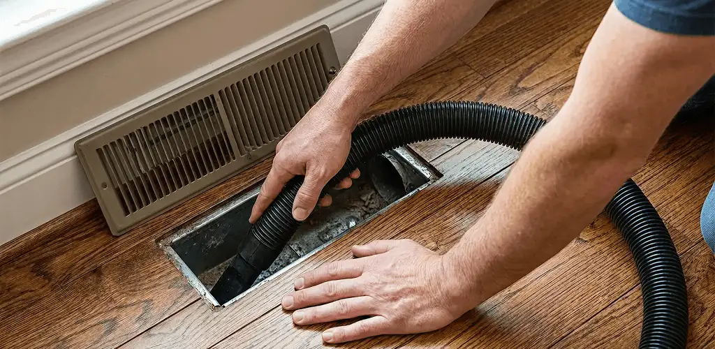 Air duct cleaning technician vacuuming a floor register and duct opening in Ogden, UT