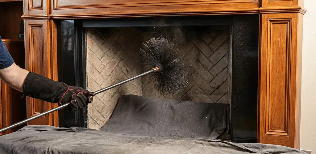 Chimney cleaning service brushing soot from a fireplace and flue in Ogden, UT
