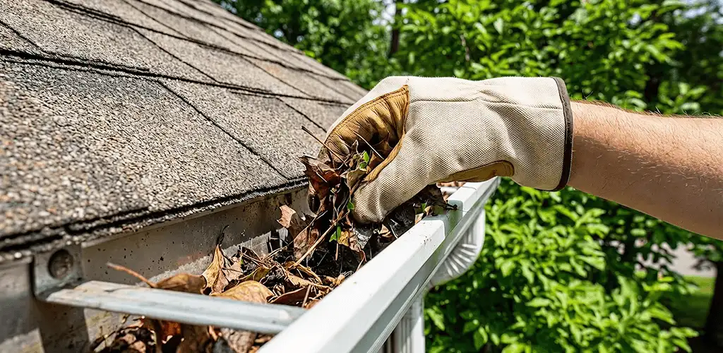 Gutter cleaning removing leaves and debris from roof gutters in Ogden, UT
