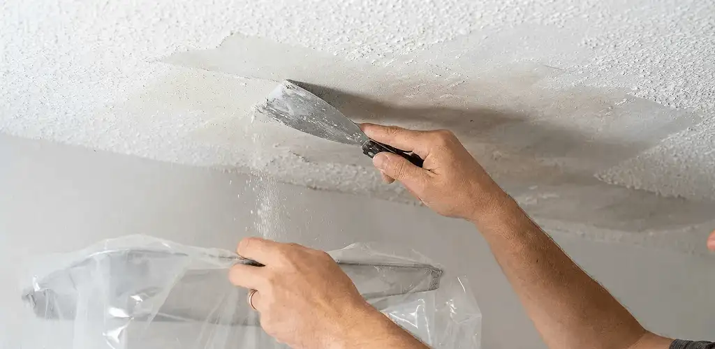 Popcorn ceiling removal technician scraping texture from a ceiling in Ogden, UT