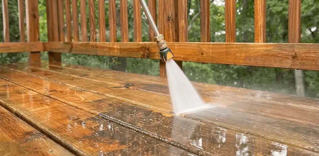 Pressure washing a wood deck to remove dirt and buildup in Ogden, UT