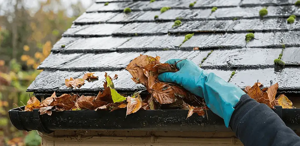 Gutter cleaning technician clearing wet leaves from roof gutters in Ogden, UT