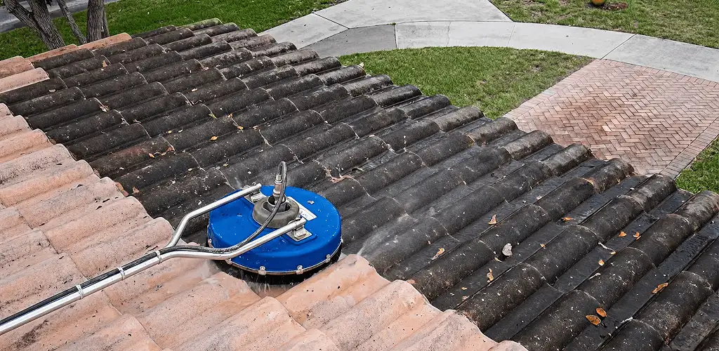 Roof pressure cleaning removing debris and buildup from roof tiles in Ogden, UT