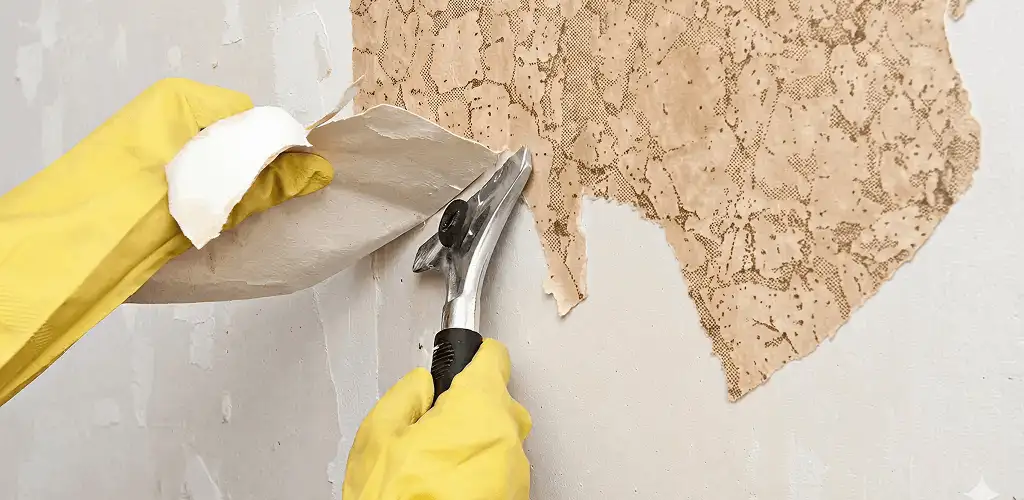 Wallpaper removal service stripping old wallpaper from a wall in Ogden, UT